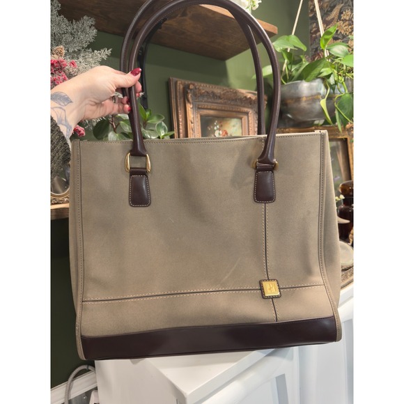Diane Von Furstenberg Handbags - Diane von Furstenberg DVF Tan Canvas Brown Leather Trim Tote Bag Gold Logo Logo‎